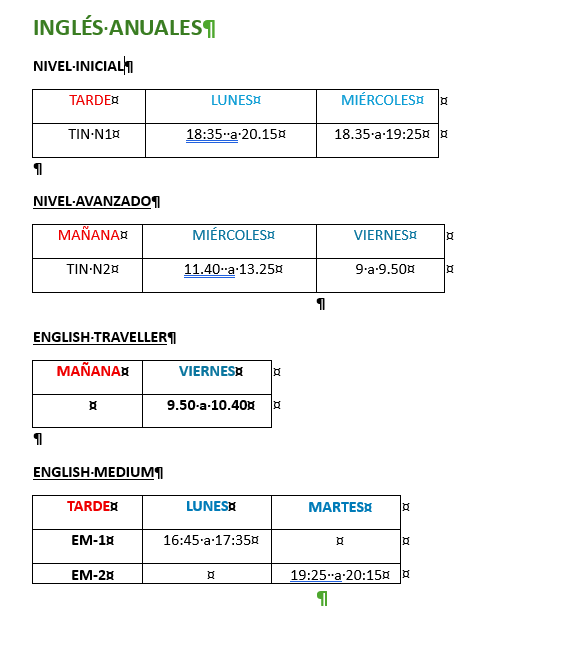 Horarios Horarios